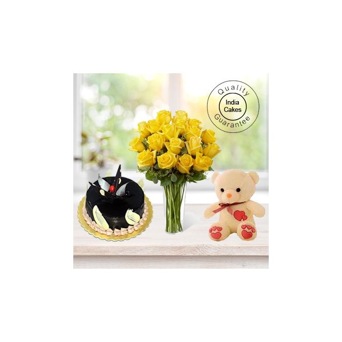 Chocolate Truffle Cake 1 Kg with 6 Yellow Roses Bunch and a Teddy Bear
