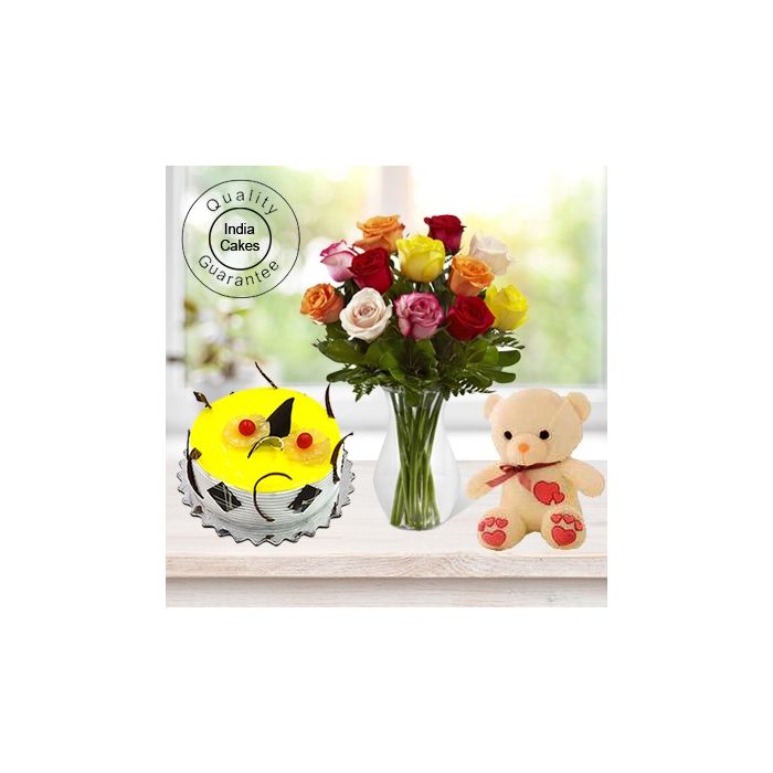 1 Kg Pineapple Cake-6 Mix Roses Bunch-Teddy Bear