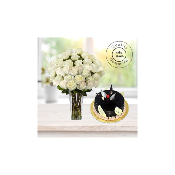 1 KG CHOCOLATE CAKE WITH 36 WHITE ROSES BUNCH