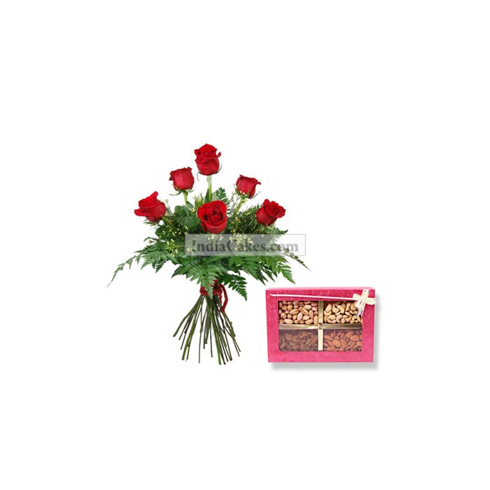 6Red Rose Bunch with 1 Kg Assorted Dry Fruits