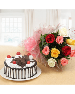 Eggless Rich Black Forest Cake Half Kgs with 6 Mix Roses Bunch