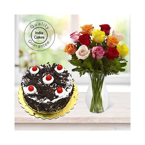 Black Forest Cake Half Kg with 6 Mix Roses Bunch