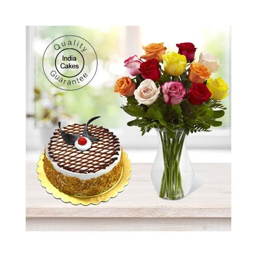 Eggless Butterscotch Cake Half Kg with 6 Mix Roses Bunch