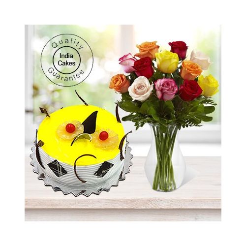 Eggless Pineapple Cake Half Kg with 6 Mix Roses Bunch