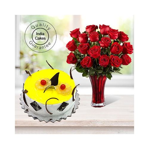 Eggless Pineapple Cake Half Kg with 6 Red Roses Bunch