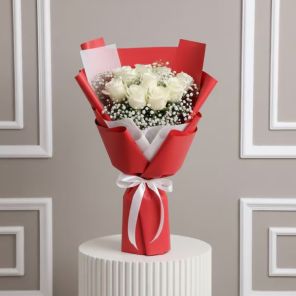 10 White Roses Flower Bouquet