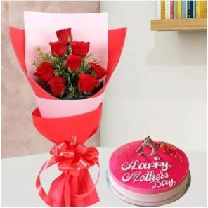 1 Kg Strawberry Cake with 6 Red Roses Bunch