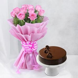 10 Pink Roses with Cake