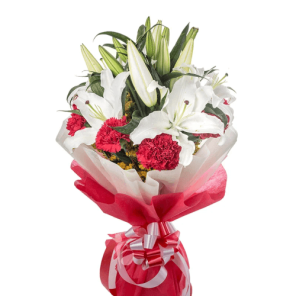 2 White Lilly and 12 Carnations Bunch
