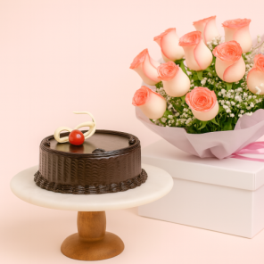 20 Pink Roses Bunch and 1 Kg Chocolate Cake