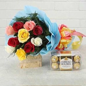 6 Mix Roses Bouquet and Ferrero Rocher