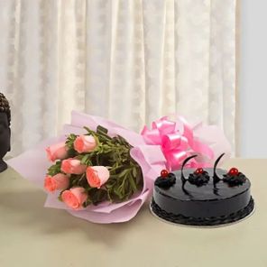 6 Pink Roses Flower Bouquet with Half Kg Cake