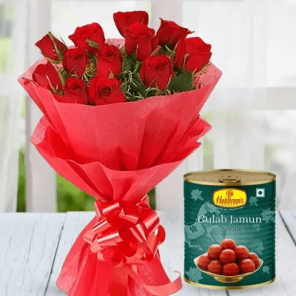 6 Red Rose Bunch and 1 Kg Gulab Jamun