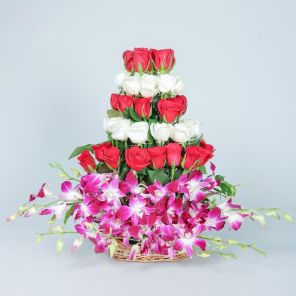 7 Purple Orchids  22 Red Roses n 14 White Roses Basket Arrangement