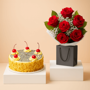 Affable Butterscotch Half Kg Cake with 6 Red Roses