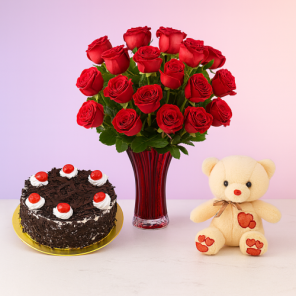 1 Kg Black Forest Cake-6 Red Roses Bunch-Teddy Bear