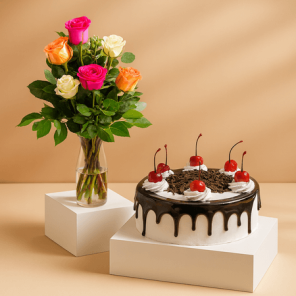 Black Forest Gel Cake with Cherry with 6 Mix Roses
