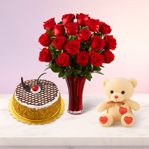 1 Kg Butter Scotch Cake-6 Red Roses Bunch-Teddy Bear