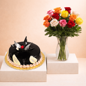 Eggless Chocolate Truffle Cake 1 Kg with 12 Mix Roses Bunch