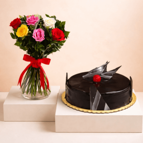 Eggless Chocolate Truffle Cake Half Kg with 6 Mix Roses Bunch