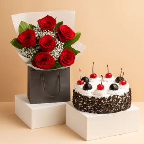 Esculent Black Forest Half Kg Cake with 6 Red Roses