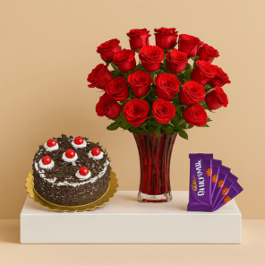 1 Kg Black Forest Cake-6 Red Roses Bunch-5 Chocolates