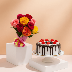 Eggless Black Forest Cake 1 Kg with 12 Mix Roses Bunch