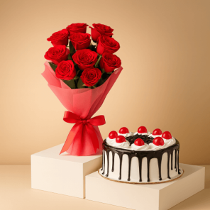 Eggless Black Forest Cake Half Kg with 6 Red Roses Bunch