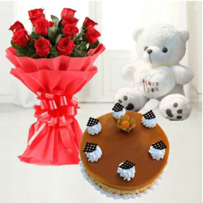 Half Kg Delectable Butterscotch Cake with 6 Red Roses Bouquet and 6 Inch Teddy Bear