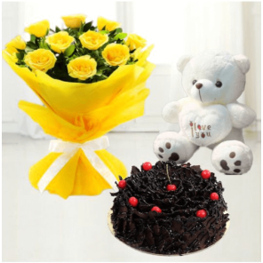 Half Kg Delicious Chocolate Cake with 6 Yellow Roses Bouquet and 6 Inch Teddy Bear