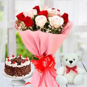 Half Kg Delightful Black Forest Cake with 6 Mix Roses Bouquet and 6 Inch Teddy Bear