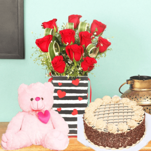 Half Kg Delightful Chocolate Cake with 6 Red Roses and 6 Inch Teddy Bear