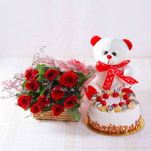 Half Kg Delish Butterscotch Cake with 6 Red Roses Bunch and 6 Inch Teddy Bear