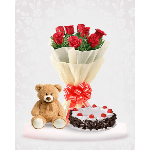 Eggless Half Kg Divine Black Forest Cake with 6 Red Roses Bunch and 6 Inch Teddy Bear