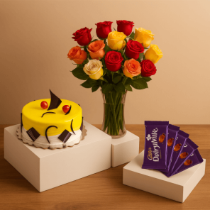 1 Kg Pineapple Cake-6 Mix Roses Bunch-5 Chocolates