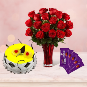 1 Kg Pineapple Cake-6 Red Roses Bunch-5Chocolates