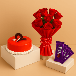 1 Kg Strawberry Cake-6 Red Roses Bunch-5 Chocolates