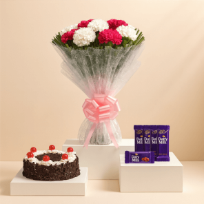 Eggless Half Kgs Black Forest Cake with 6 Mix Carnation Bunch and 5 Chocolates