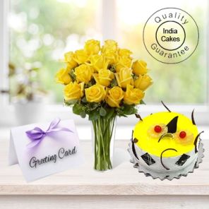 1/2 Kg Pineapple Cake-6 Yellow Roses Bunch, Greeting Card