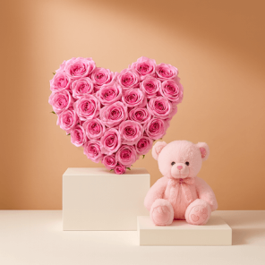Heart Shaped Arrangement of 35 Lovely Pink Roses and Teddy Bear