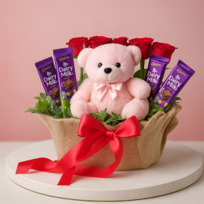 Lovely Combo of 10 Red Roses with 6 Cadbury Dairy Milk n Cute Teddy