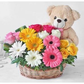 Mix Flowers basket and 6 Inch Teddy