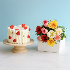 Pineapple Cake Half Kg with 6 Mix Roses Bunch