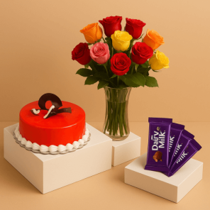 1 Kg Strawberry Cake-6 Mix Roses Bunch-5 Chocolates